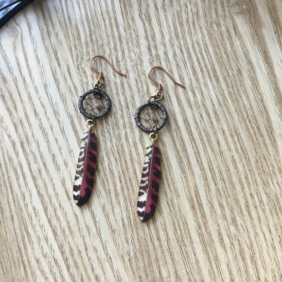 Hand Crafted Bohemian Dream Catcher Diamond Earrings w/ Falcon Feather Charms - Picture 6 of 12